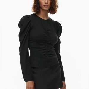 NWT Aritzia Wilfred Henrietta Blouse Black Ruched Puff Sleeve Size 8